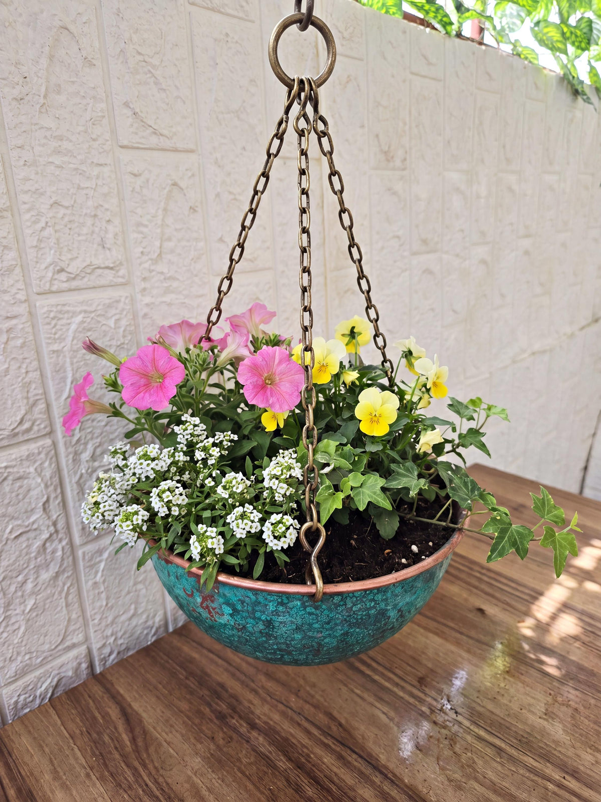 Green Verdigris Copper Hanging Planter, Rustic Plant Lover Gift, Metal Hanging Basket with Chain, Garden Birthday Gift f