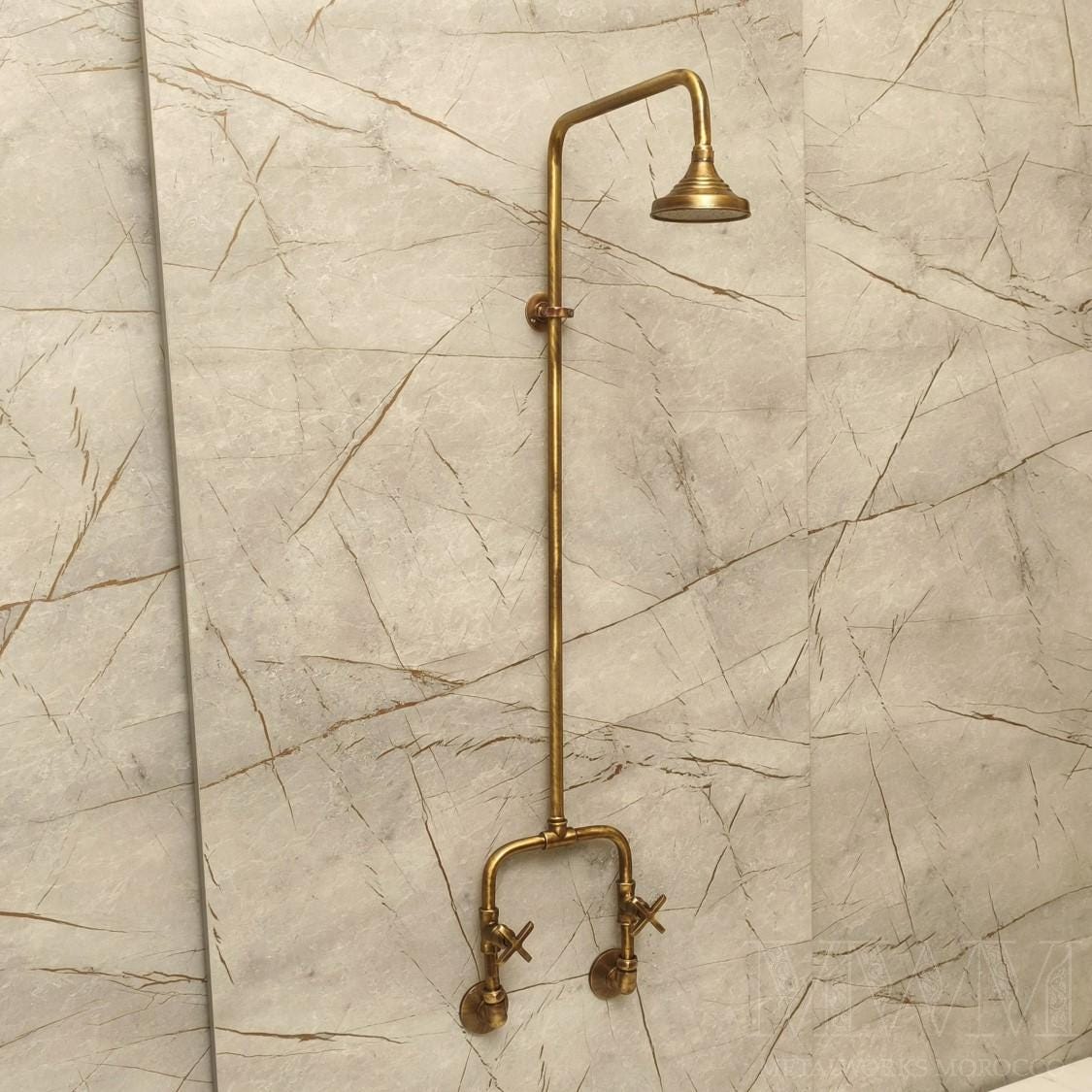 Handmade Antique Brass Exposed Pipe Shower System - Vintage Brass Rain Shower