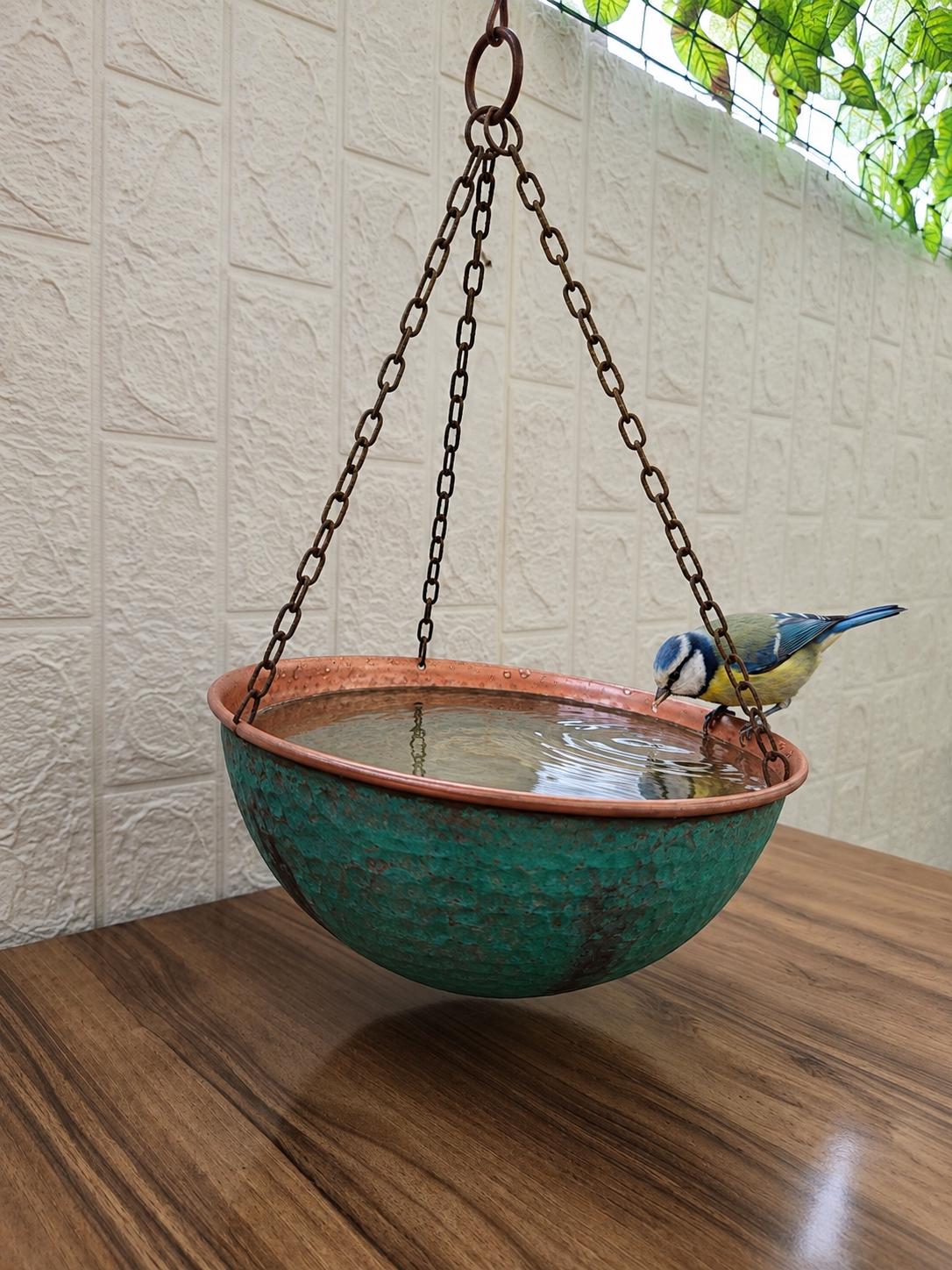 Copper Verdigris Bird Bath Bowl, Aged Green Patina Water Feature, Outdoor Tabletop Garden Decor, Gift for Bird Lover