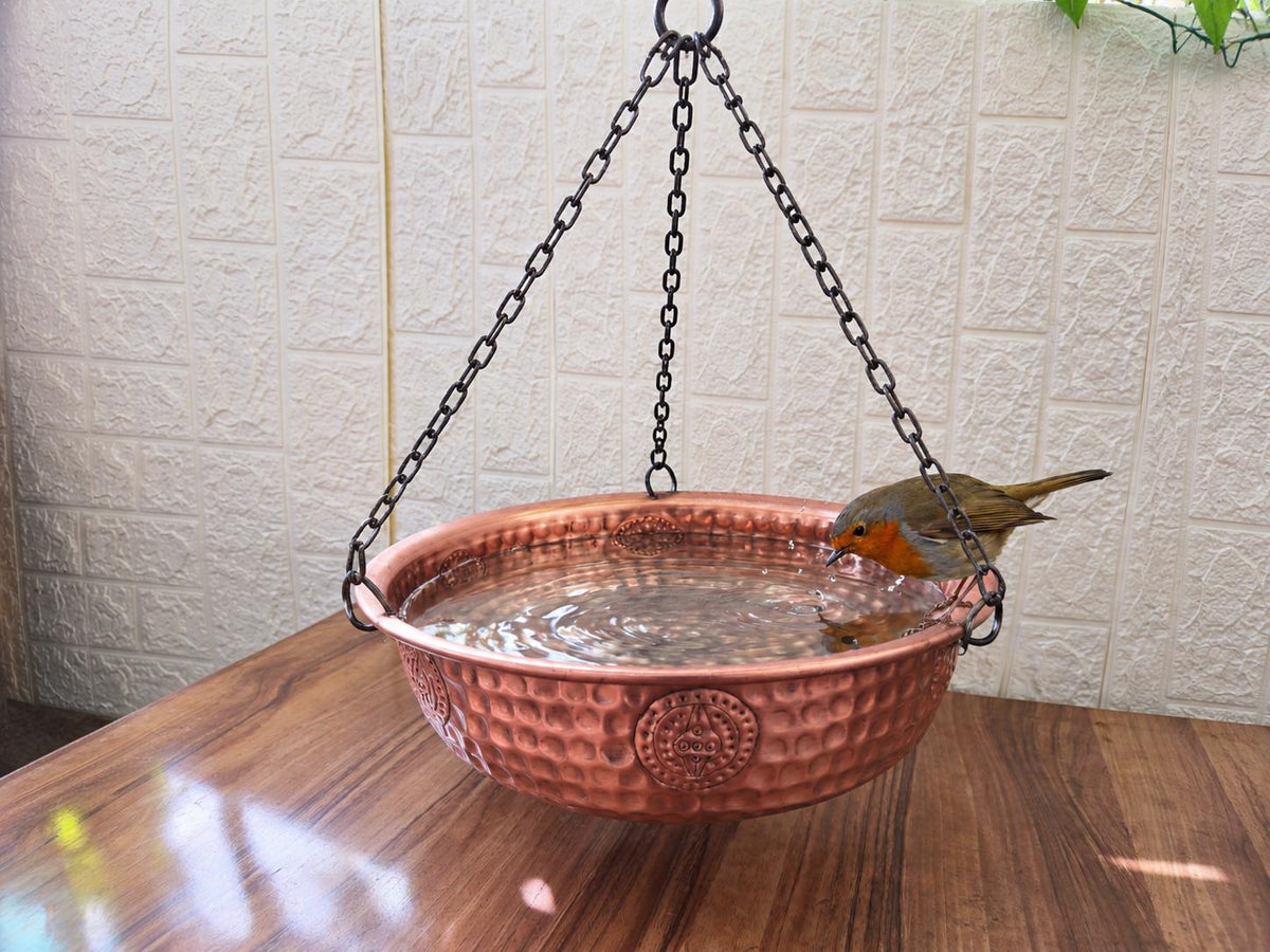 Hammered Pure Copper Hanging Bird Bath, Hand Engraved Copper Water Feeder Bowl, Polished Copper Garden Ornament, Outdoor