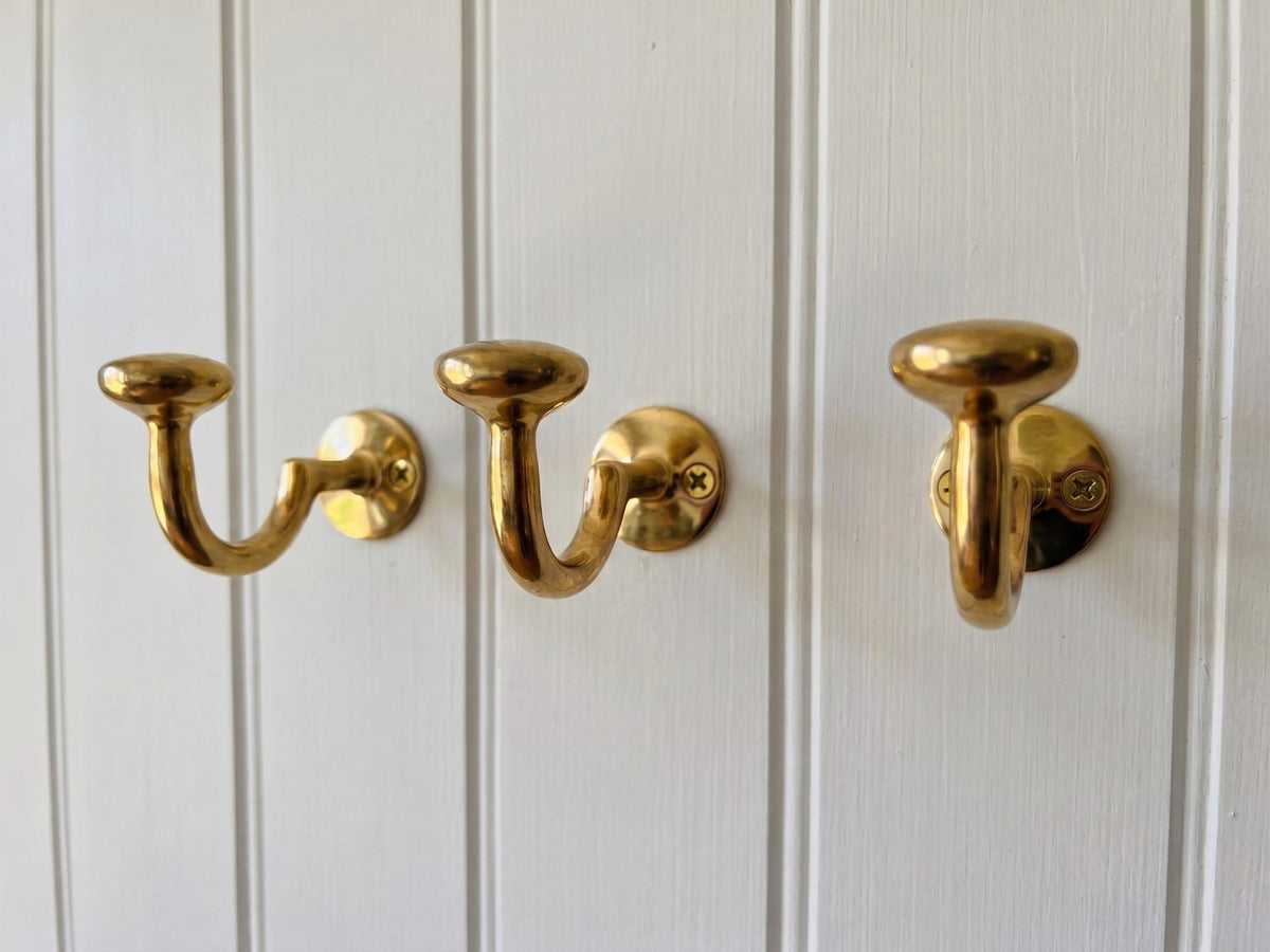 Unlacquered Solid Brass Wall Hook, Vintage Robe Hook, Antique Style Coat Hook for Bathroom, Entryway, or Closet