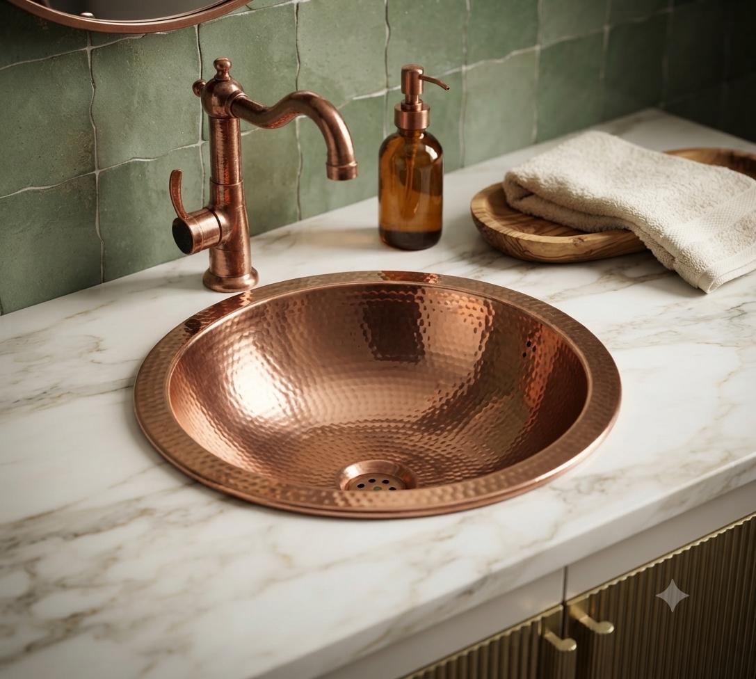 Hand Hammered Copper Vessel Sink: Round Rustic Bathroom Basin
