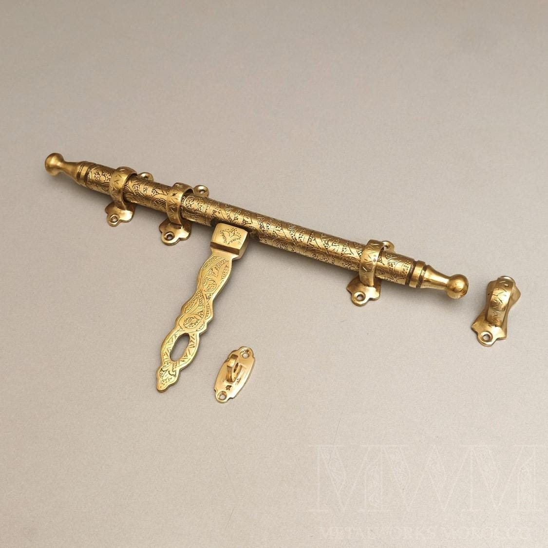 Solid Brass Sliding Door Latch 16, 20 and 24 inch - Handmade Etched Door Bolt