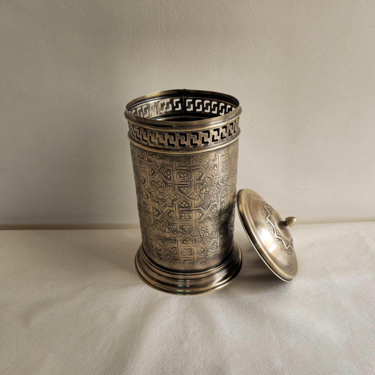 Moroccan Brass Trash Can with Lid