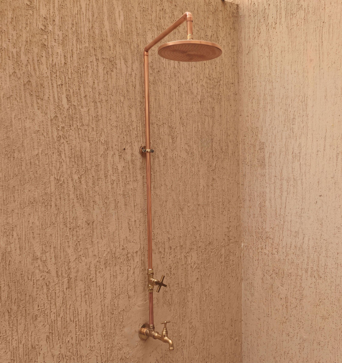 Copper Outdoor Shower System with Brass Bib Tap – Unlacquered Exposed Pipe Rain Shower for Garden, Pool & Patio, Housewa