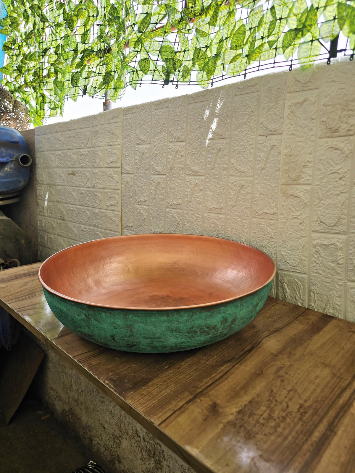 Large Round Copper Vessel Sink with Green Patina Finish, Rustic Bathroom Vanity Basin, Farmhouse Countertop Wash Bowl, C
