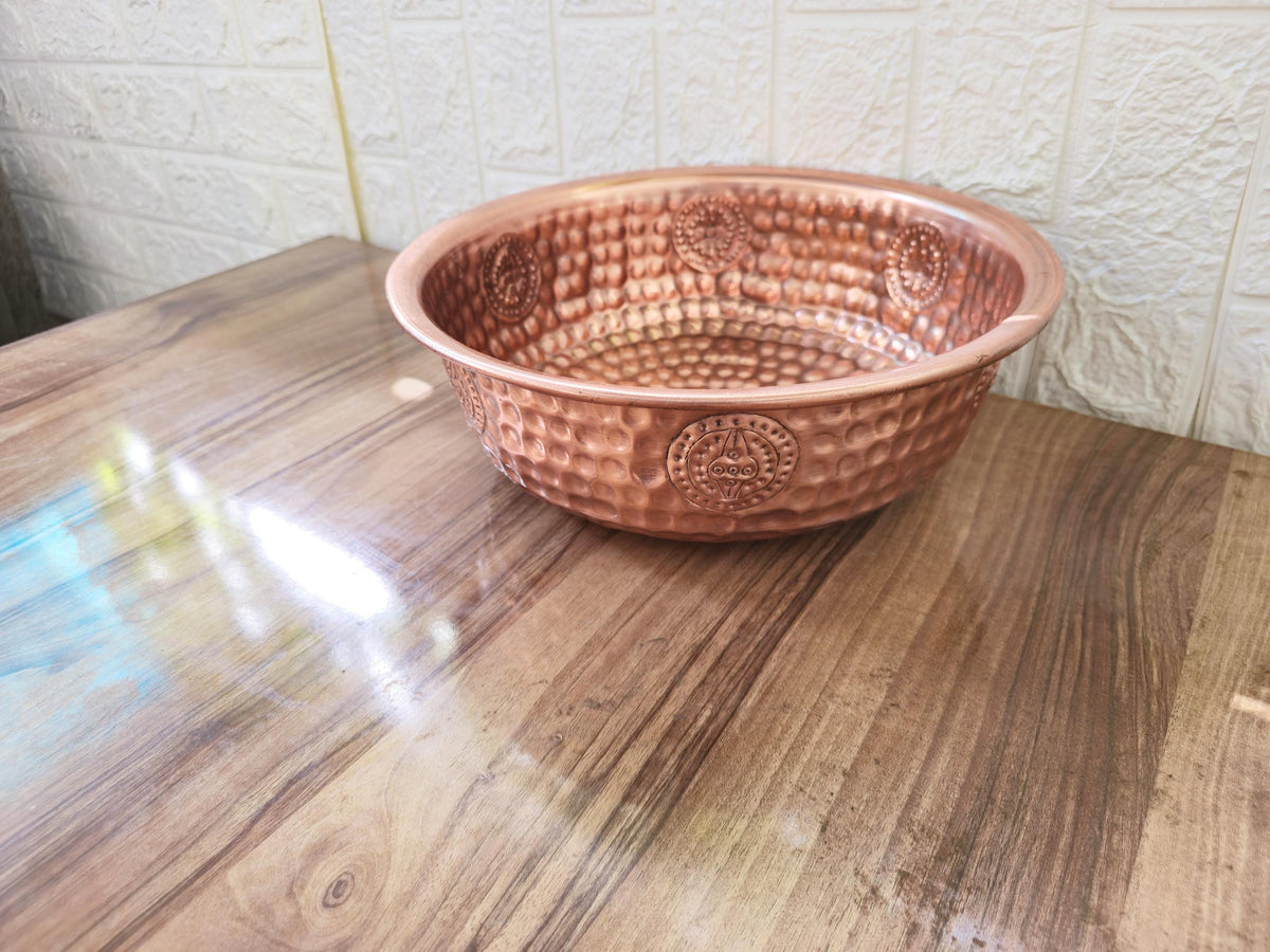 Copper Bathroom Vessel Sink, Round Rustic Copper Vanity Basin with Embossed Pattern, Farmhouse Countertop Wash Bowl