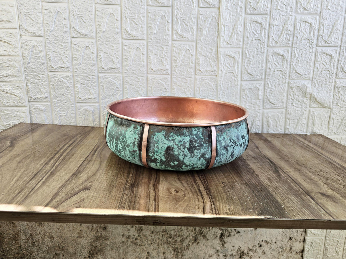 Round Green Patina Copper Bathroom Vessel Sink, Handmade Moroccan Copper Wash Basin, Rustic Farmhouse Vanity Sink