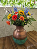 Flower Vase in Hammered Copper, Rustic Round Metal Vase with Green Verdigris Patina, Farmhouse Floral Arrangement Vase f