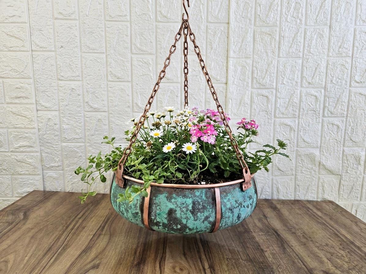 Green Verdigris Hanging Planter, Handcrafted Copper Plant Pot with Chain, Rustic Hanging Flower Basket, Garden Gift, Pat