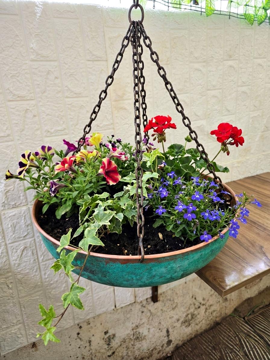 Large Verdigris Hanging Basket, Copper Plant Pot with Chains, Rustic Garden Decor, Outdoor Patio Flower Planter, Plant L