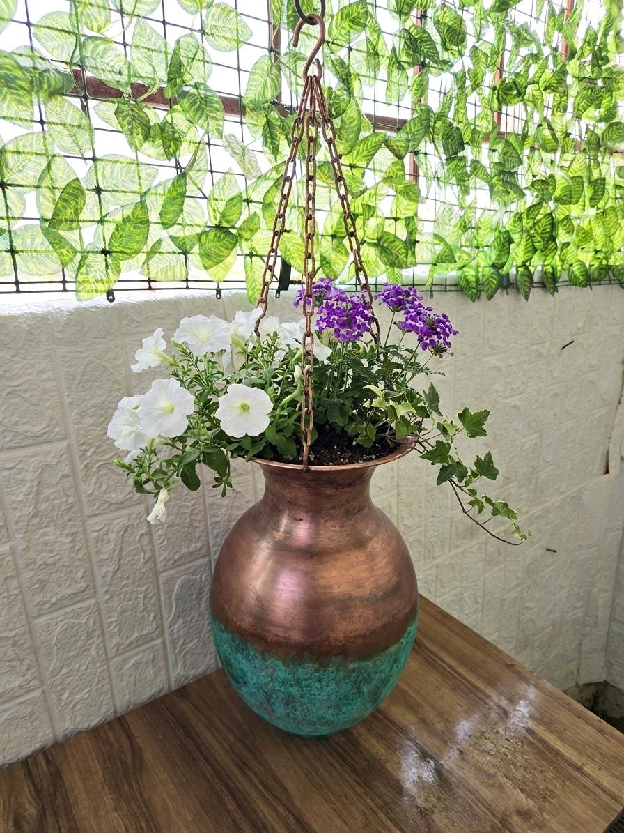 Flower Vase Planter, Hammered Copper Hanging Vase with Green Verdigris Patina, Rustic Indoor Outdoor Plant Holder, Farmh