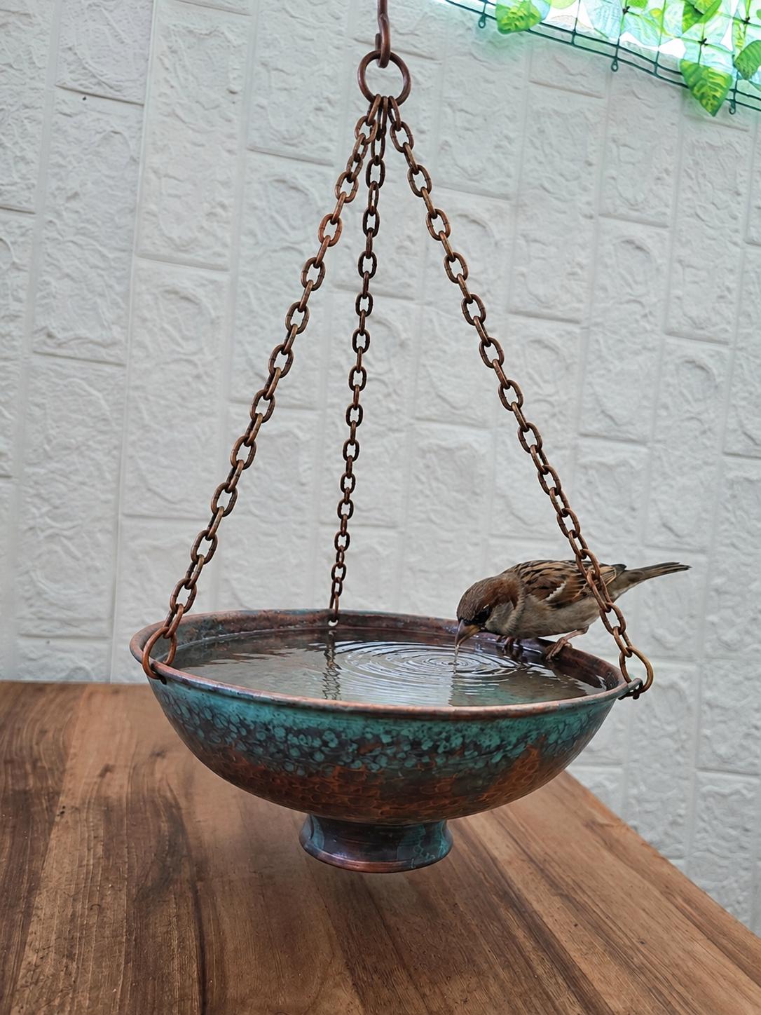 Hanging Copper Bird Bath, Patina Verdigris Bird Feeder Bowl, Handcrafted Hammered Copper Garden Decor, Outdoor Bird Feed