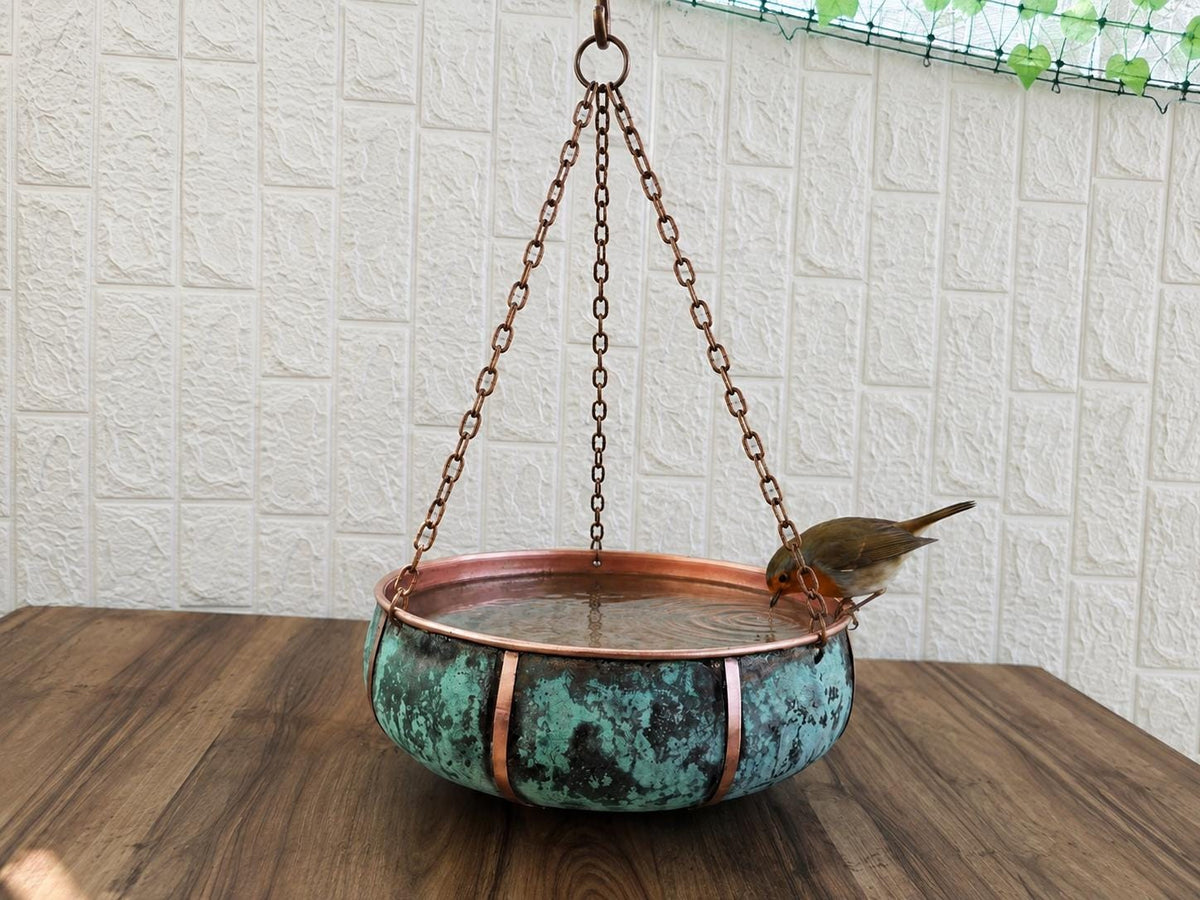 Hanging Copper Bird Bath Bowl, Deep Verdigris Patina Bird Feeder, Ribbed Pure Copper Garden Basin, Outdoor Bird Lover Gi