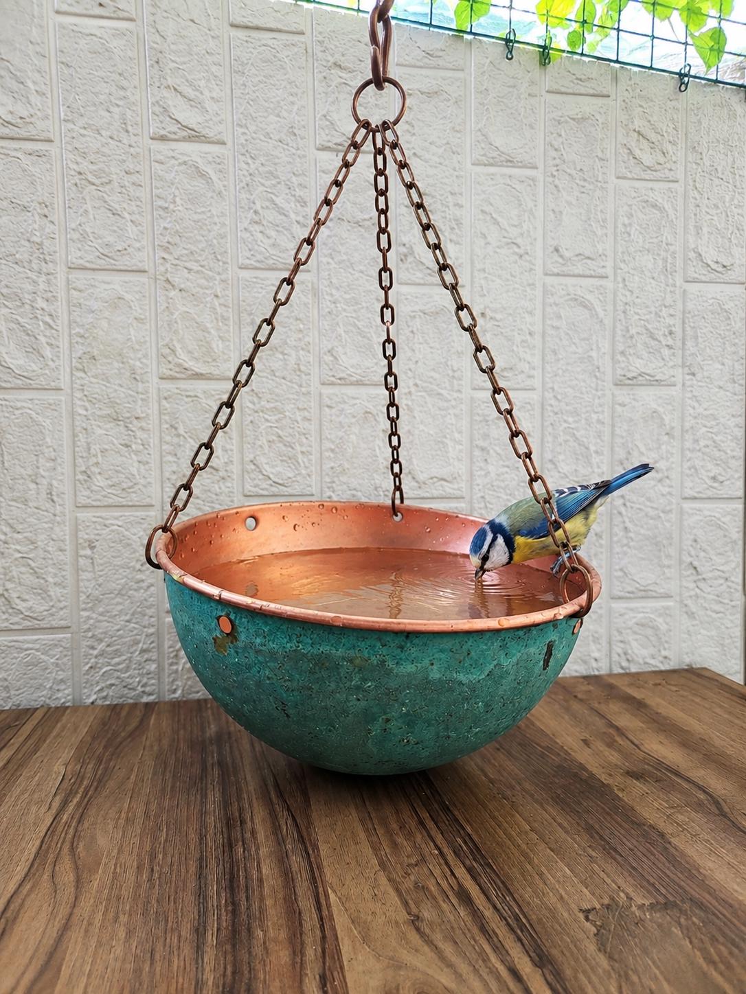 Aged Verdigris Green Copper Bird Bath, Hanging Metal Water Bowl for Garden, Handmade Copper Bird Feeder, Unique Garden G