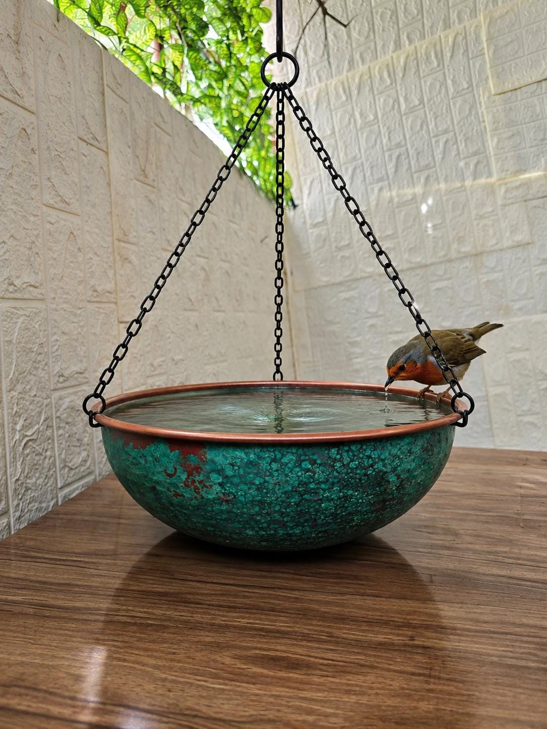 Antique Verdigris Copper Bird Bath Bowl, Hanging Solid Copper Bird Water Drinker, Aged Green Patina Garden Water Basin, 