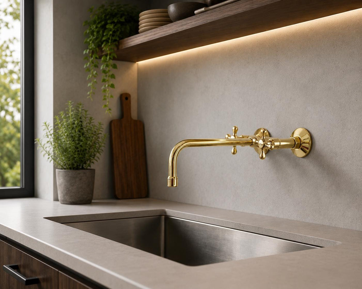 Hammered Brass Wall-Mount Faucet for Bathroom or Kitchen, Hot and Cold Water Handles, Unlacquered Solid Brass Tap with V