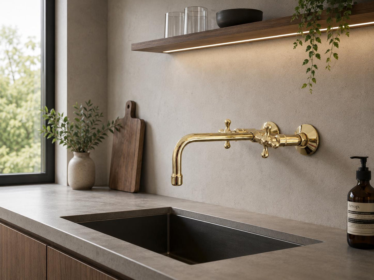 Unlacquered Brass Wall-Mount Faucet for Bathroom or Kitchen, Hot and Cold Water Handles, Solid Brass Tap with Vintage Ha