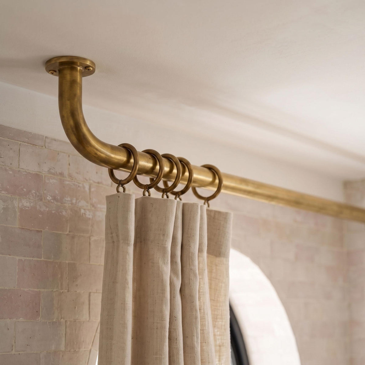 Solid Brass Ceiling Curtain Rod, French Return with Rings, Unlacquered Brass Drapery Rod, Ceiling Mount Curtain Rail, Cu