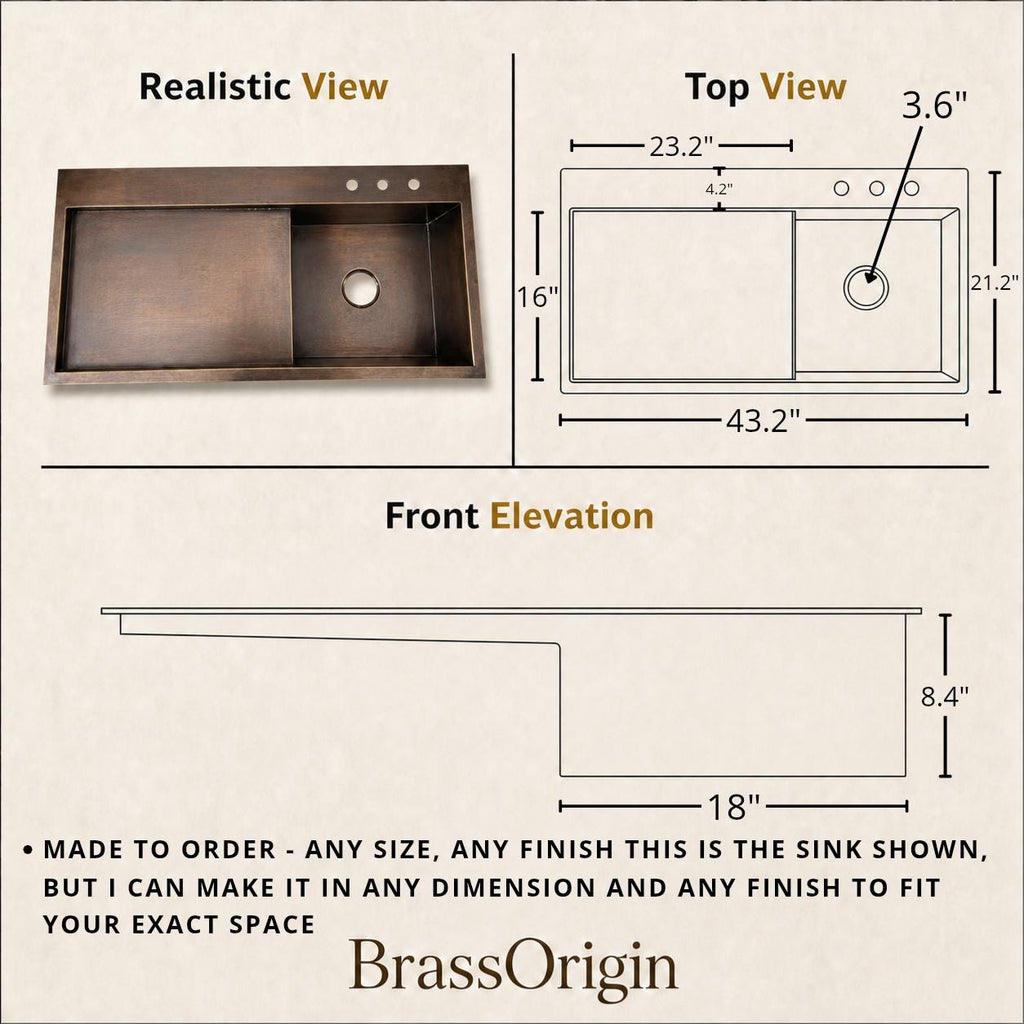 Brass Kitchen Sink with Drainboard