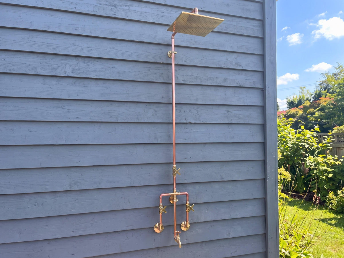Solid Copper Outdoor Shower System, Unlacquered Rainfall Shower Head, Living Finish Bathroom Fixture