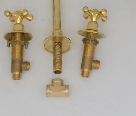 Handcrafted Unlacquered Brass Bathroom Faucet, Widespread 3-Hole