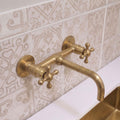 Unlacquered Brass Wall Mount Bathroom Faucet, Cross Handle Sink brass faucet, Living Patina Vintage Fixture