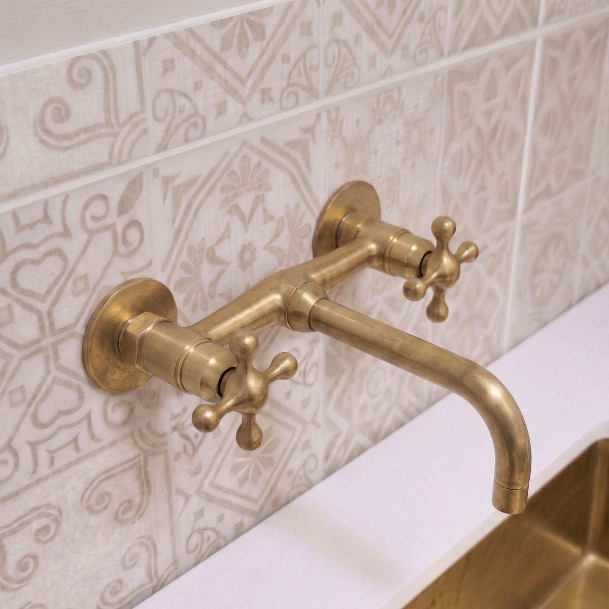 Unlacquered Brass Wall Mount Bathroom Faucet, Cross Handle Sink brass faucet, Living Patina Vintage Fixture
