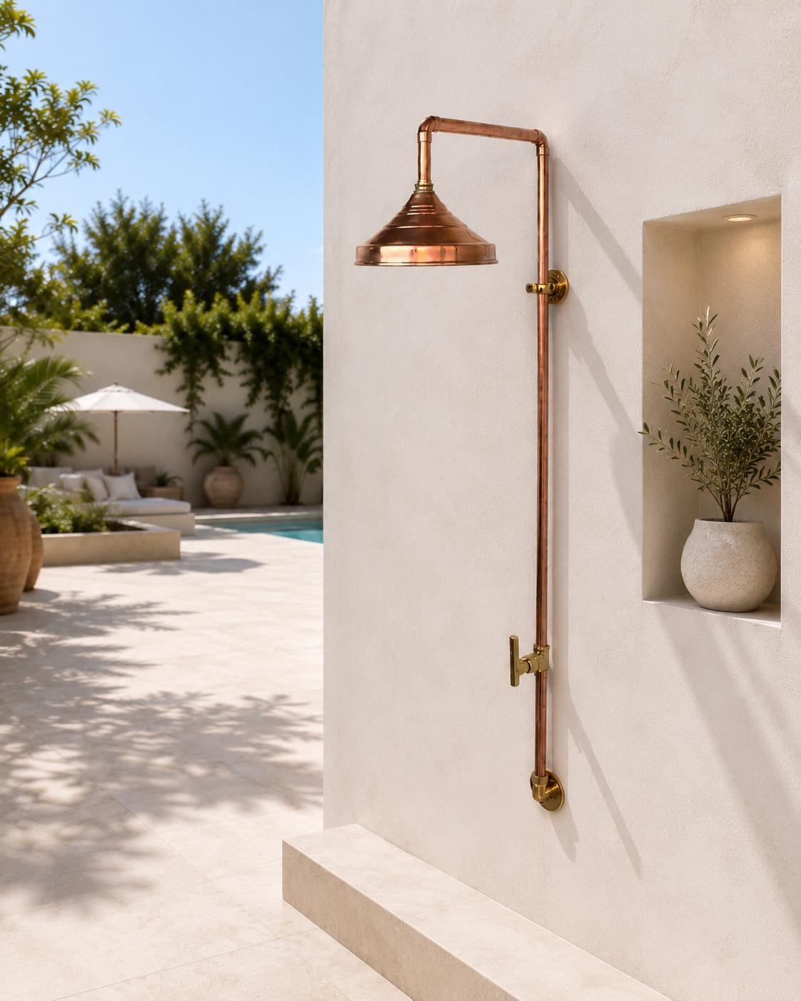 Unlacquered Solid Copper Outdoor Shower, Handcrafted Rainfall Head (44 Inch)