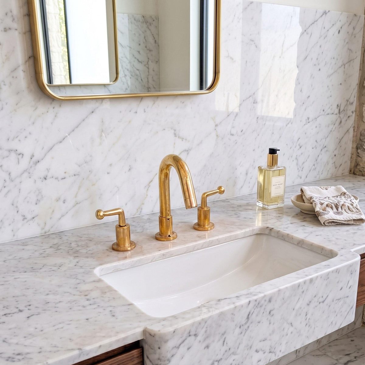 Unlacquered Brass Bathroom Faucet, 3 Hole Widespread Vanity Faucet