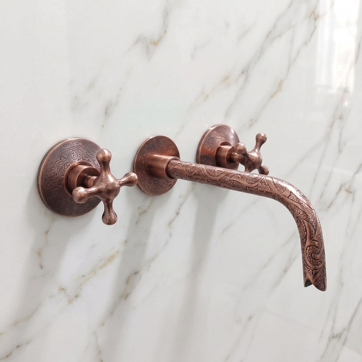 Handcrafted Antique Copper & Brass Wall Mount Faucet, Moroccan Engraved Bathroom Tap