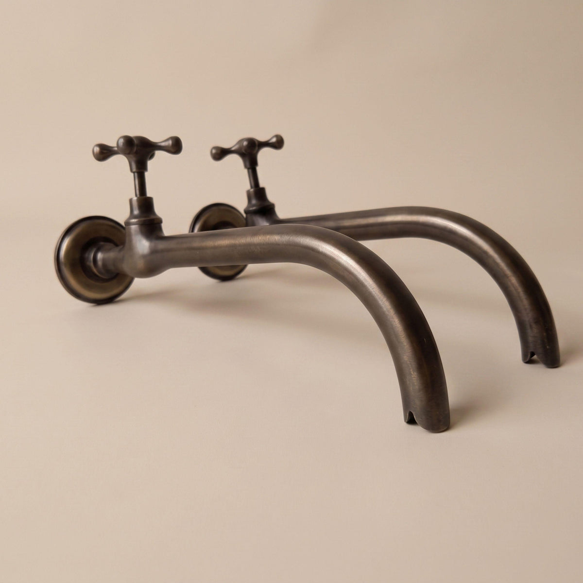 Set of 2 Moroccan Brass Wall Mount Faucets, Antique Patina Bronze Farmhouse Kitchen Spout (9.8" Reach)