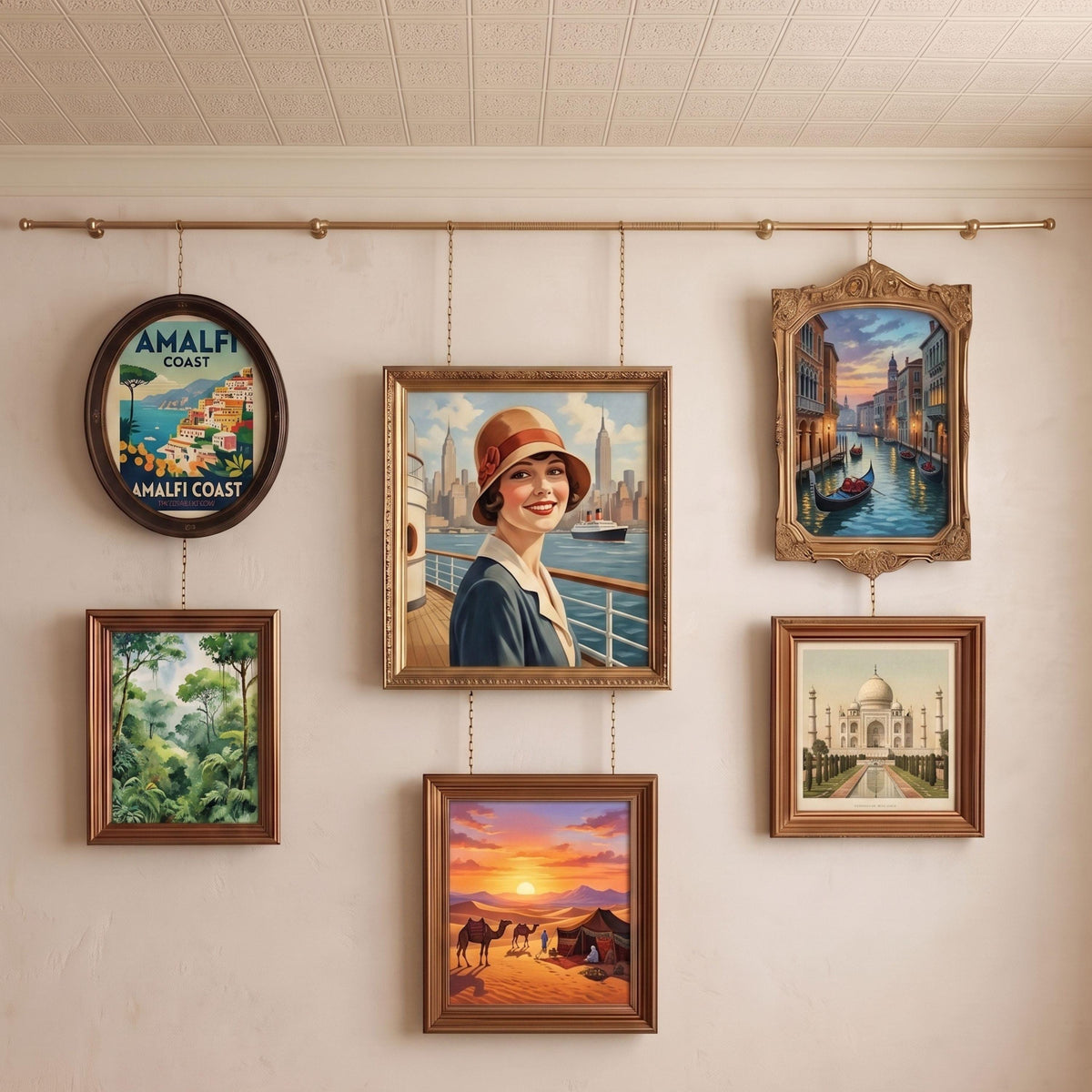 Unlacquered Solid Brass Picture Rail Hanging Kit, Vintage Gallery Wall Art Display System