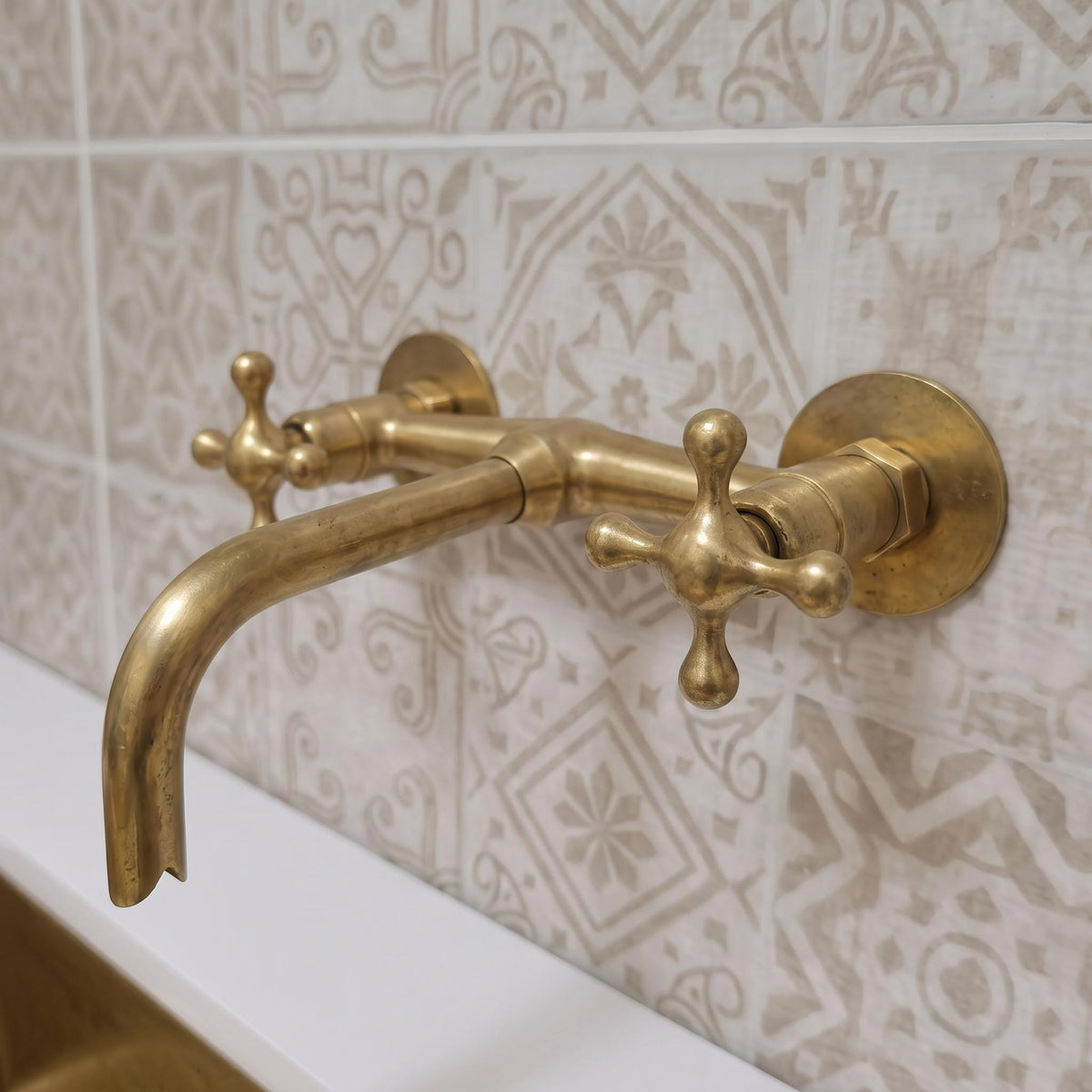 Unlacquered Brass Bathroom Faucet, Wall Mount Faucet with Cross Handles, Antique Brass Sink Faucet, Solid Brass Bath Fix