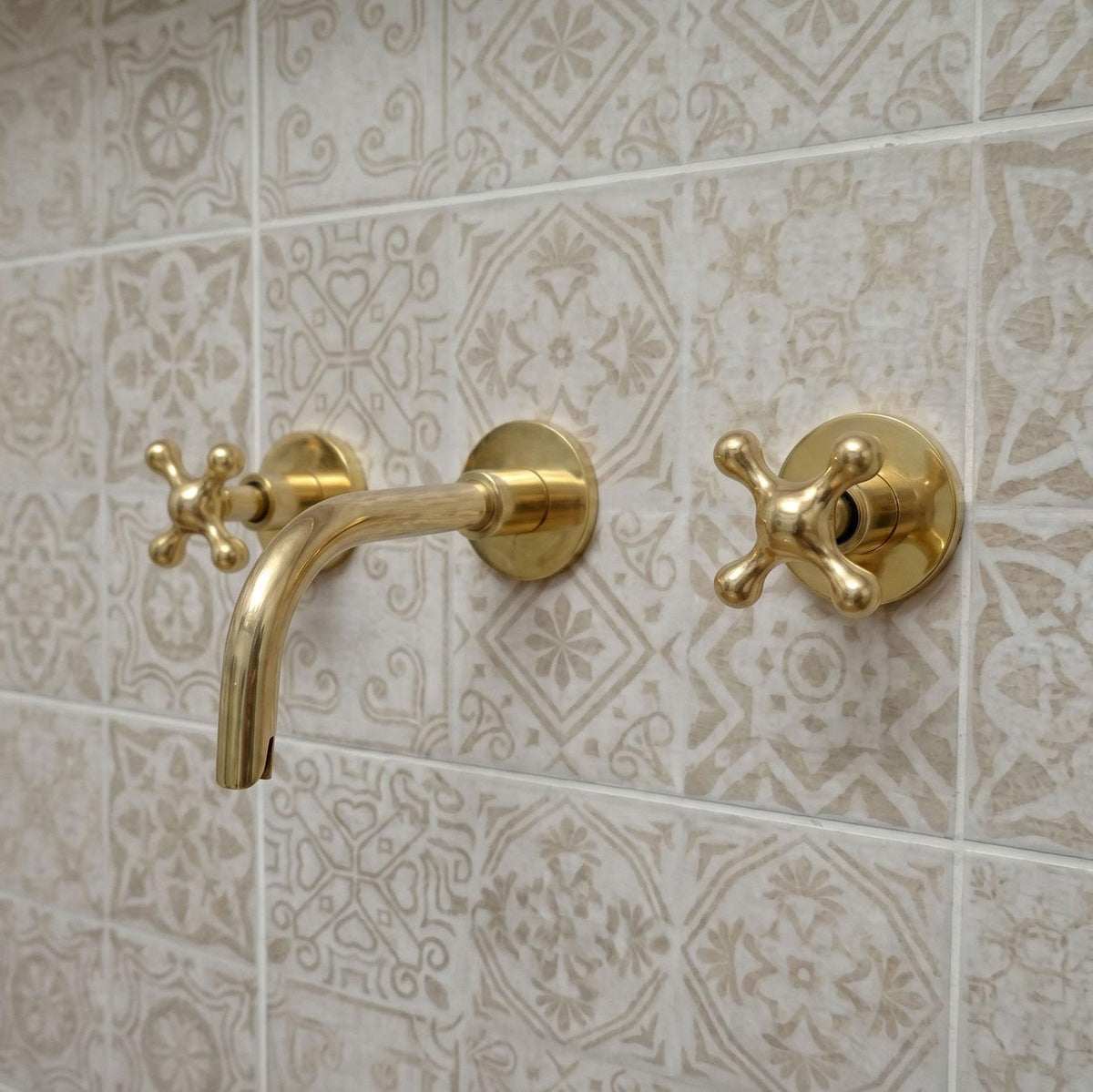 Unlacquered Brass Wall Mount Faucet, Cross Handle Sink Faucet, Bathroom sink Faucet, Solid Brass Vanity Tap, Living Fini