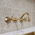 Unlacquered Brass Wall Mount Bathroom Faucet, Cross Handle Sink Faucet, Solid Brass Curved Spout Tap, Farmhouse Vintage 