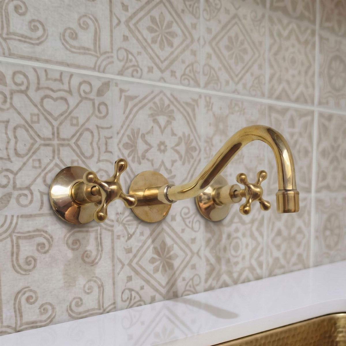 Unlacquered Brass Wall Mount Bathroom Faucet, Cross Handle Sink Faucet, Solid Brass Curved Spout Tap, Farmhouse Vintage 