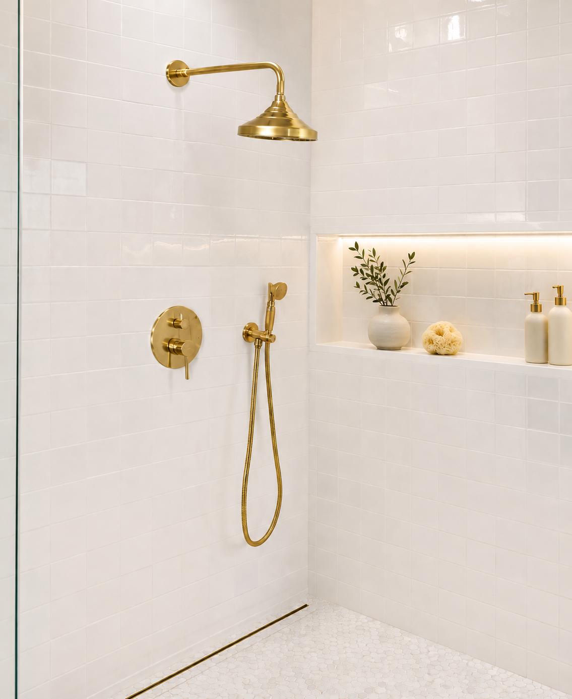 Unlacquered Brass Shower System, Rainfall & Handheld, Two Handles