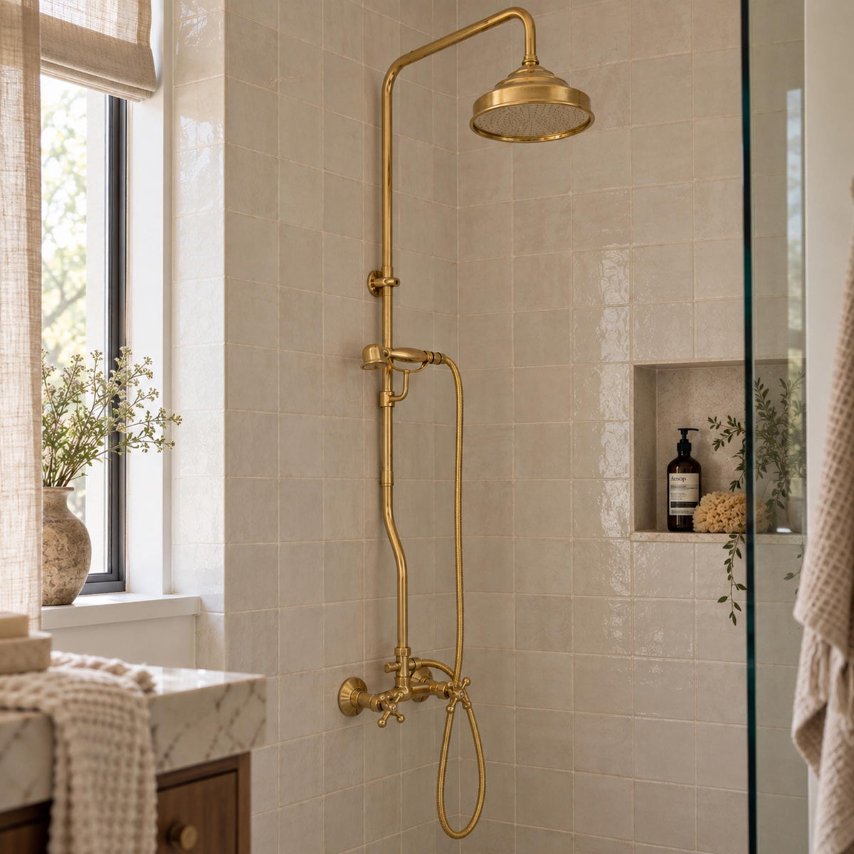 Unlacquered Brass Shower System, Vintage Exposed Shower Faucet Set with Rainfall Shower Head & Handheld Sprayer