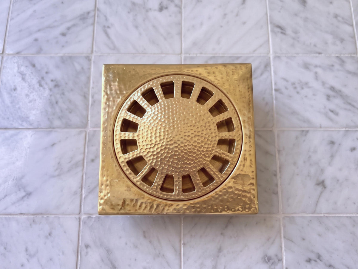 Unlacquered Brass Floor Drain, Hammered Shower Drain Cover for Bathroom & Powder Room