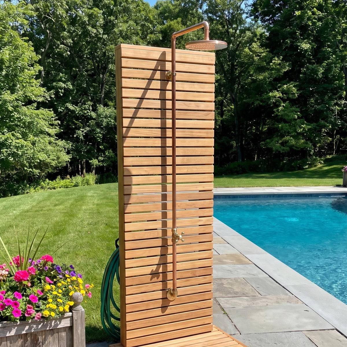 Unlacquered Brass and Copper Outdoor Shower System with Flat Rain Shower Head