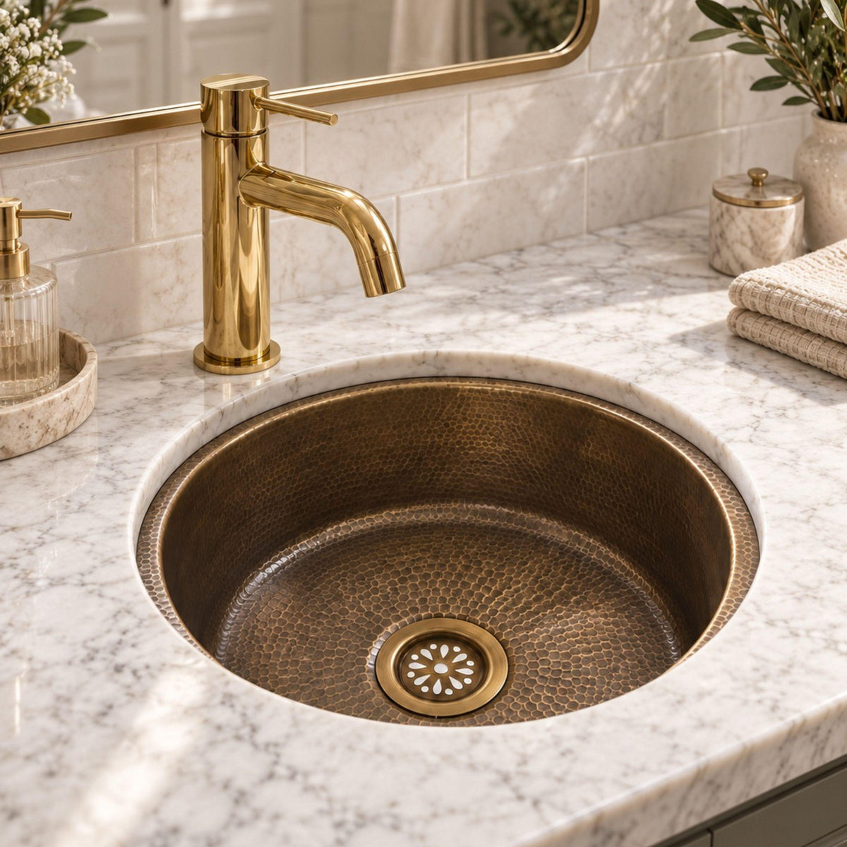 Round Aged Brass Bar Sink, Kitchen Wet Area Hammered Prep Basin - Plumbra