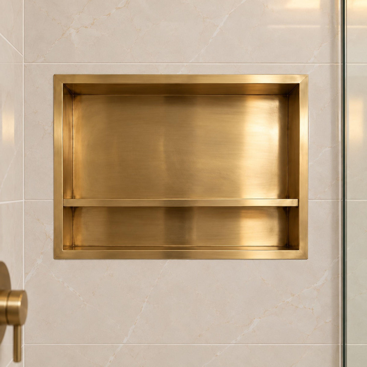 Hand-Hammered Unlacquered Brass Shower Niche – Recessed Bathroom Shelf Storage