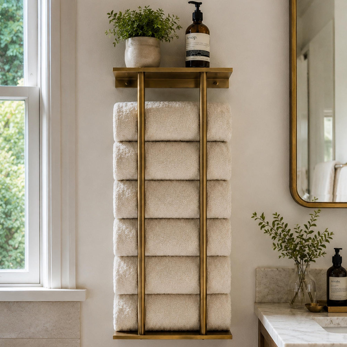 Handmade Unlacquered Brass Towel Rack with Shelf, Wall-Mounted Bathroom Storage