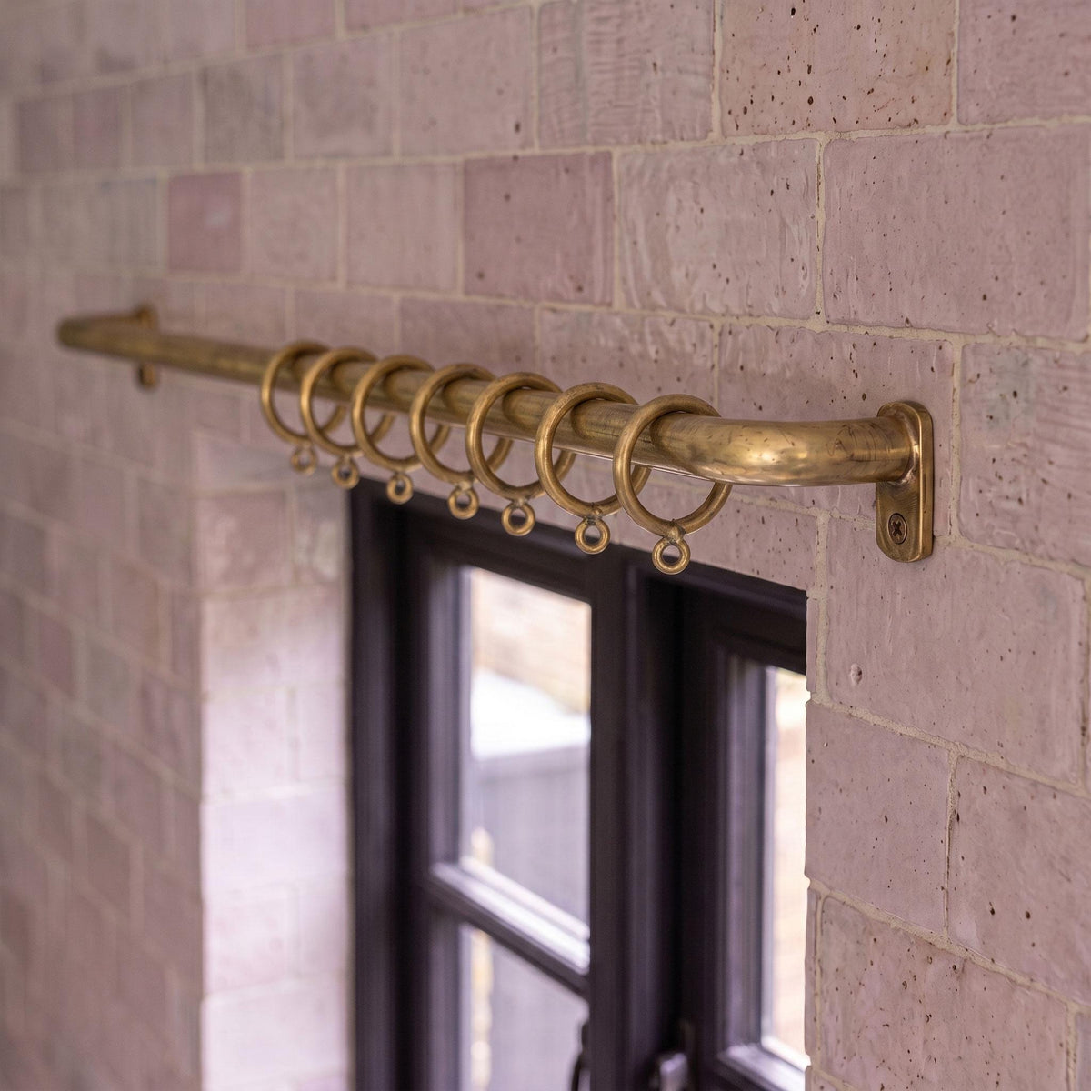 Unlacquered Brass Curtain Rod with Rings, Handmade French Return Drapery Pole, Custom Length Wall Mount