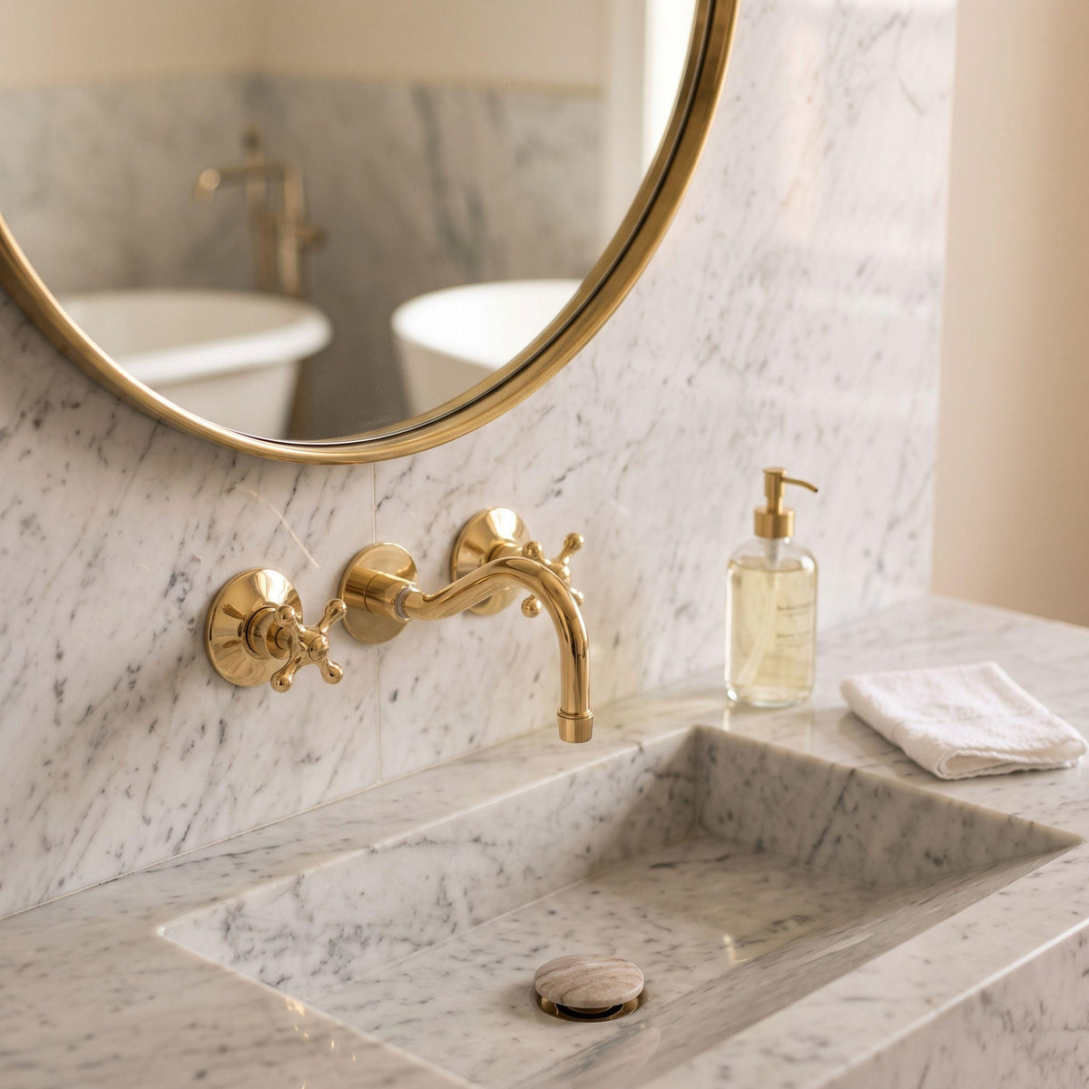 Unlacquered Brass Wall Mount Bathroom Sink Faucet, Solid Brass 8" Spout, Vintage & Modern Vanity Faucet