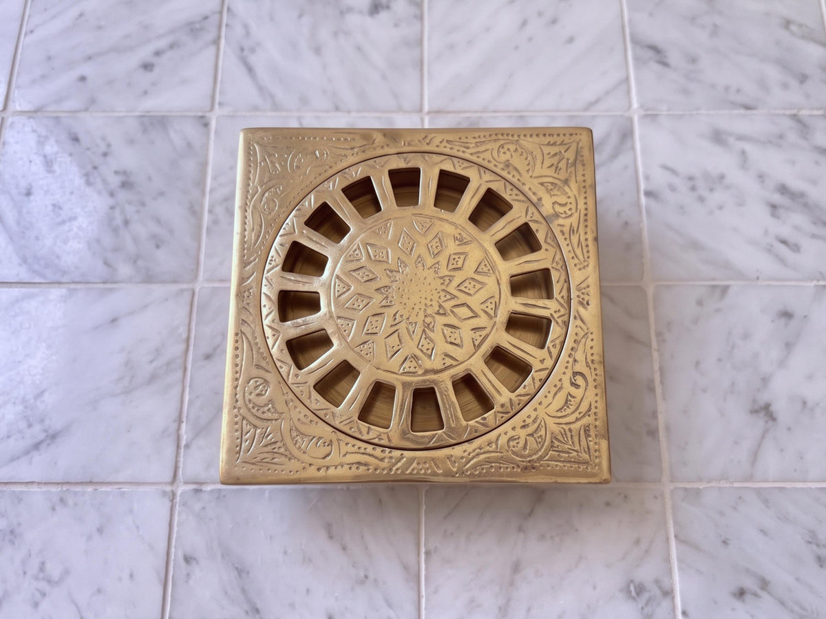 Solid Brass Floor Drain, Engraved Unlacquered Shower Drain Cover for Bathroom
