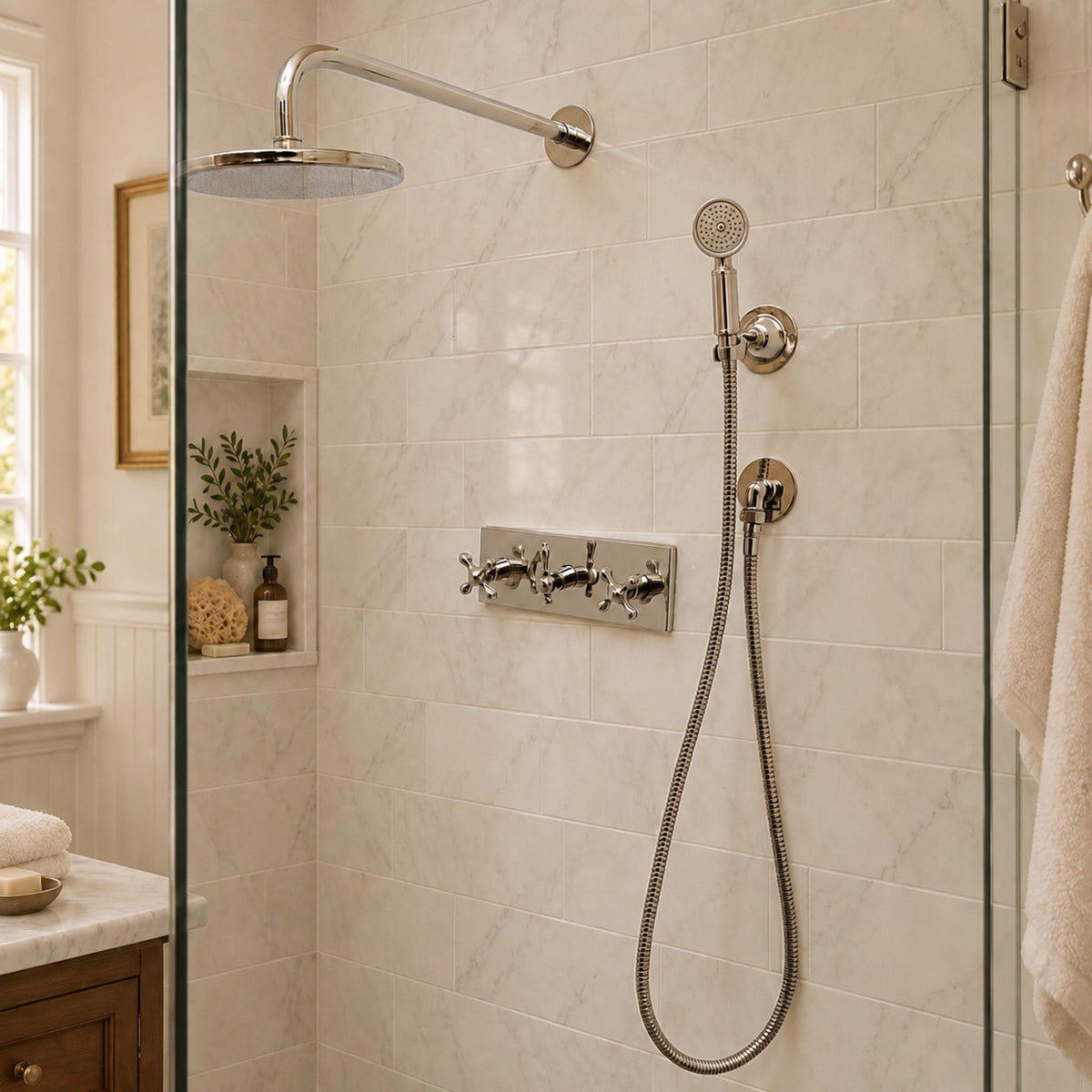 Polished Nickel Brass Shower System, Rain Shower Head with Handheld, Cross Handle Wall Mount Shower Set, Vintage Bathroo