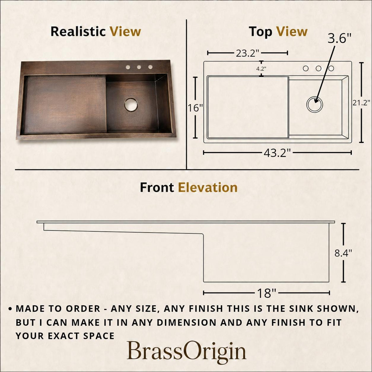 Handmade Brass Kitchen Sink with Drainboard