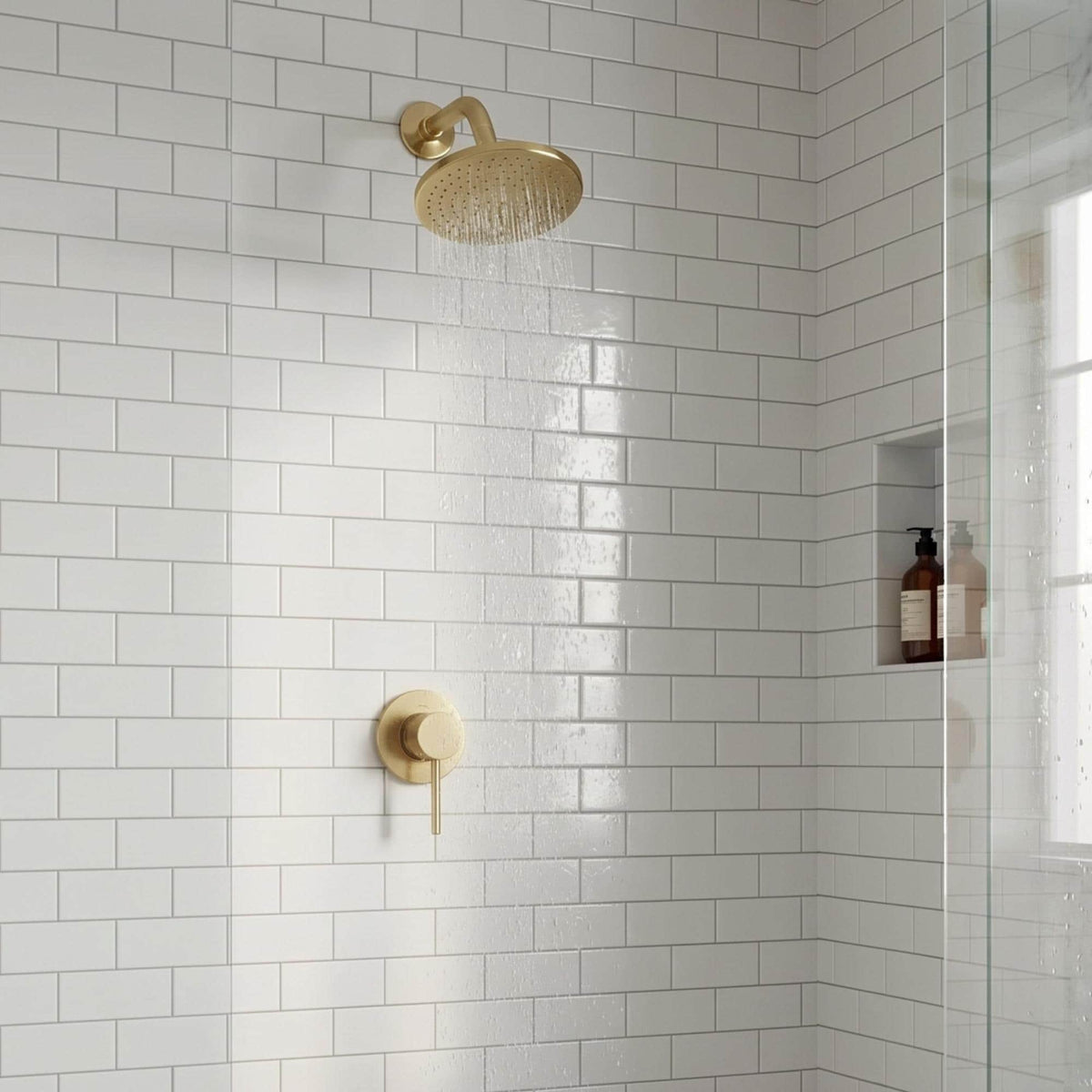 Unlacquered Brass Concealed Shower System with Round Swivel Head